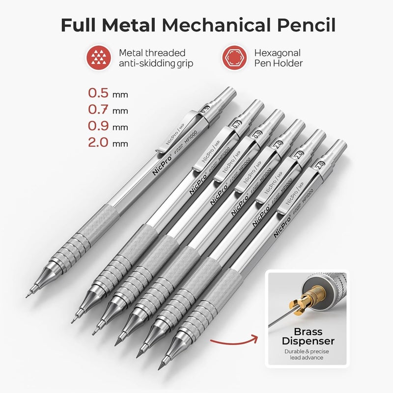 Nicpro 30PCS Silver Metal Mechanical Pencils Set in Leather Case, Art Drafting Pencil 0.5, 0.7, 0.9 mm, 2mm Lead Pencil Holder for Sketching Drawing With 16 Tube (6B 4B 2B HB 2H 4H Colors)Lead Refill - Image 2